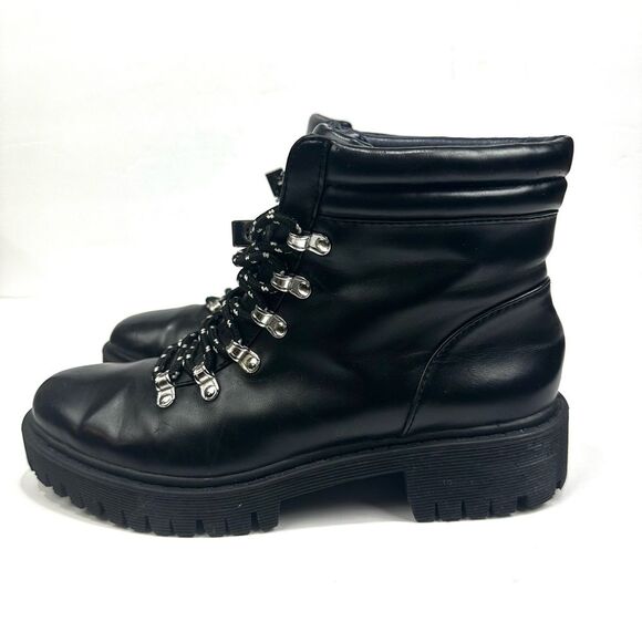 Zara Trafaluc Black Faux Leather Lace Up Boots Sz 36/5.5 Combat Ankle Booties - Picture 3 of 16